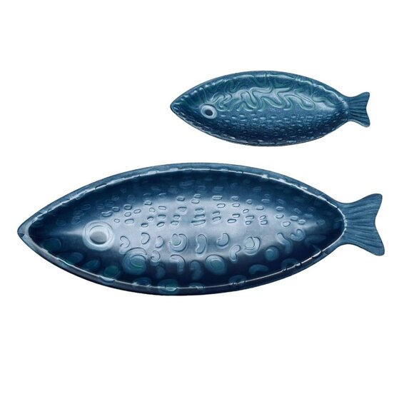 Opalhouse 2 Navy Blue Fish Serving Dish Platter Bambod Melamine Collectible 16" - Picture 1 of 12